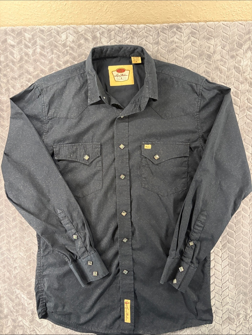 Larry Mahan Cowboy Collection Black Paisley Diamond-shape Pearl Snap LS shirt MD
